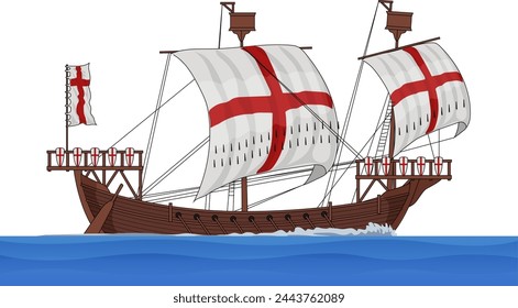 Medieval Mediterranean Ship, Dromon or Cog Sailing on Stylized Waves, EPS 10 Vector Illustration