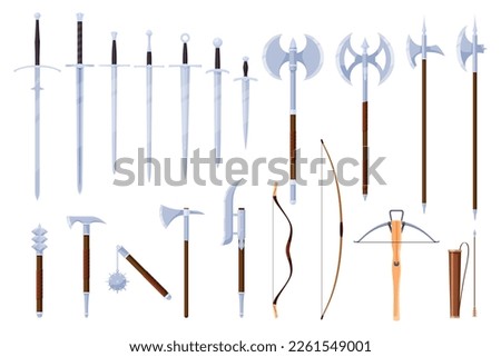 Medieval melee weapons for attack and defense. Forged metal swords, axes, ranged weapons. Vector illustration