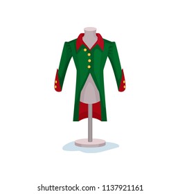 Medieval men s coat on mannequin. Green jacket with golden buttons. Museum exhibit. Male fashion of victorian era. Flat vector icon