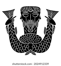 Medieval merman. Celtic mythology. Fantastic bearded man with two scaled fish tails and three faces. Black and white negative silhouette.
