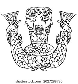 Medieval merman. Celtic mythology. Fantastic bearded man with two scaled fish tails and three faces. Hand drawn linear doodle rough sketch. Black silhouette on white background.