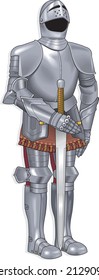 Medieval Metal Warrior Armor with Helmet and Sword Silver Vector Isolated