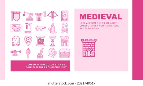 Medieval Middle Age Landing Web Page Header Banner Template Vector. Medieval Castle And Stained Glass, Knight Helmet And Shield, Candle And Torch, Map And Catapult Illustration