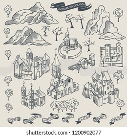 Medieval Middle Age Map Elements Engraving And Woodcut Style Vector Cartography Black And White, Monochrome Illustration