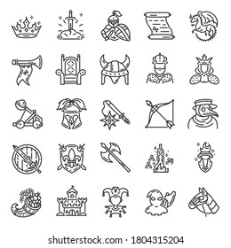 Medieval, Middle ages, icon set. History, linear icons. Knight. Line with editable stroke