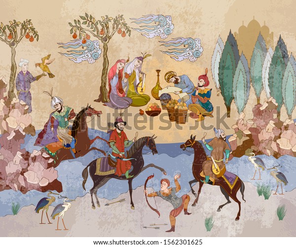 Medieval miniature.\
Mughal art. Persian frescoes. Travel of heroes. Ancient\
civilization murals. Ottoman Empire. Horsemen and oasis. Fairy\
tales and legends of the Middle East\
