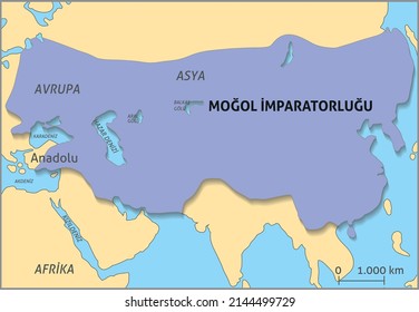 Medieval Mongolian Empire Map Turkish Written Map.