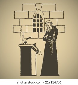 Medieval monk creating an epic chronicle by candlelight in dark cell of monastery vector illustration