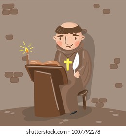 Medieval monk scribe character writing a chronicle of contemporary events in monastic cell vector illustration