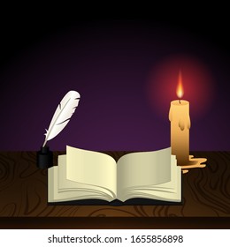 Mittelalterlicher Holztisch aus Mönch, mit Zauberbuch und Federquill-Stift mit Tinte, pagan Wicca, Theurgie, Kult mystischer Spiritualismus Ritual eingerichtet