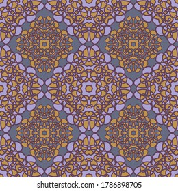 Medieval mosaic stained glass vector seamless pattern design in grayish blue and brown colors.