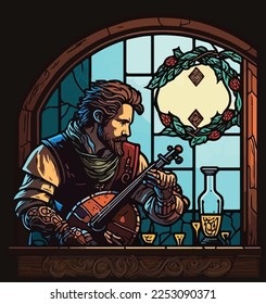 Medieval muscian playing lute in tavern in front of window