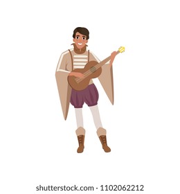 Medieval musician character playing guitar vector Illustration on a white background