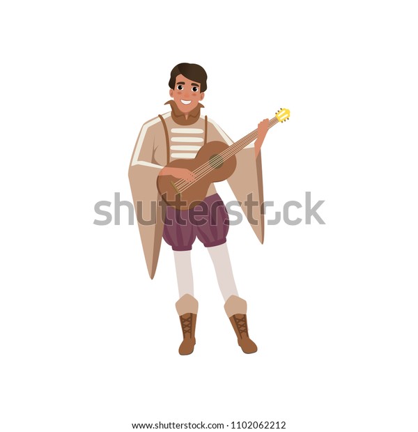 Medieval musician character playing guitar\
vector Illustration on a white\
background
