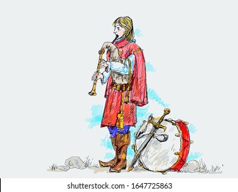 Medieval musician in old clothes with bagpipes, with a sword and a drum. Vector.