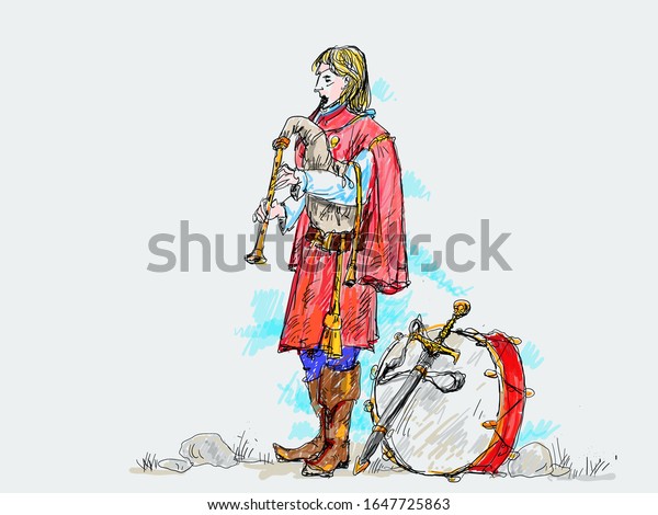 Medieval musician in old clothes with bagpipes,\
with a sword and a drum.\
Vector.