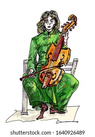 Medieval musician in old clothes with viola da Gamba. Vector.