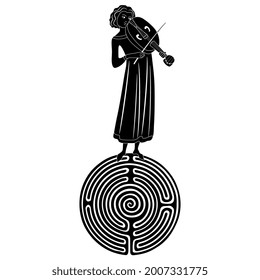 Medieval musician playing violin or fiddle on top of a round spiral maze or labyrinth symbol. Creative concept. Black and white silhouette.