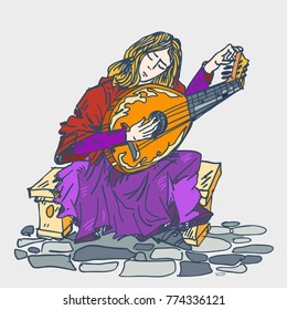 Medieval Musician Tunes His Lute. Vector