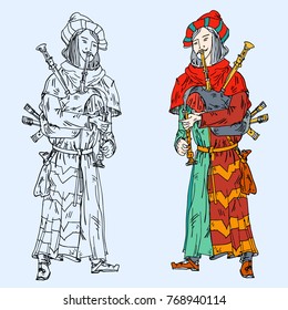Medieval musicians with the bagpipes. Vector