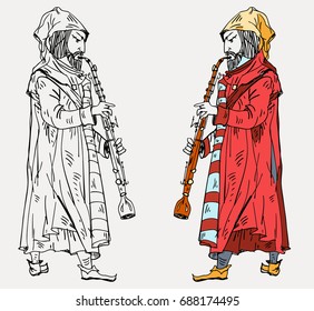 Medieval musicians with the english horns. Vector
