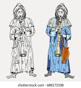 Medieval musicians with the  flutes. Vector