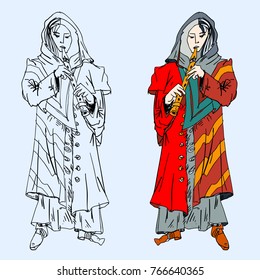 Medieval musicians with the  flutes. Vector