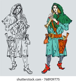 Medieval musicians with the  flutes. Vector