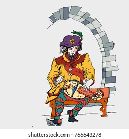 Medieval musicians with the  wheel lyre. Vector