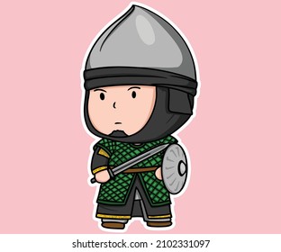 Medieval Muslim Abbasid Caliphate Warrior Uniform Stand With Sword And Shield Cartoon Illustration