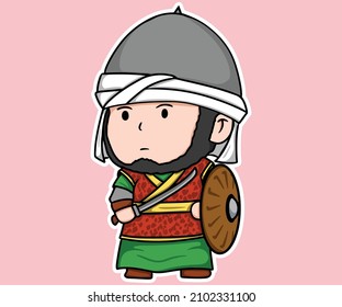 Medieval Muslim Umayyad Caliphate Warrior Uniform Stand With Sword And Shield Cartoon Illustration