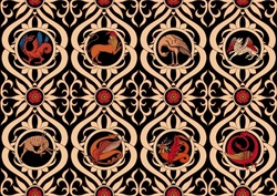 Medieval Mythical Animals, Illuminati Manuscript Inspiration, Romanesque Style. Seamless Pattern, Background. Vector Illustration.