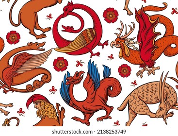 Medieval mythical animals, illuminati manuscript inspiration, romanesque style. Seamless pattern, background. Vector illustration.