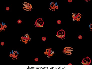 Medieval mythical animals, illuminati manuscript inspiration, romanesque style. Seamless pattern, background. Vector illustration.
