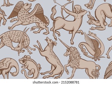 Medieval mythical animals, illuminati manuscript inspiration, romanesque style. Seamless pattern, background. Vector illustration.