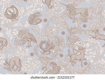 Medieval mythical animals, illuminati manuscript inspiration, romanesque style. Seamless pattern, background. Vector illustration.