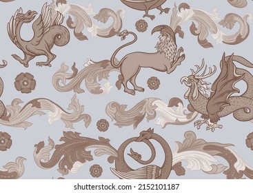 Medieval mythical animals, illuminati manuscript inspiration, romanesque style. Seamless pattern, background. Vector illustration.