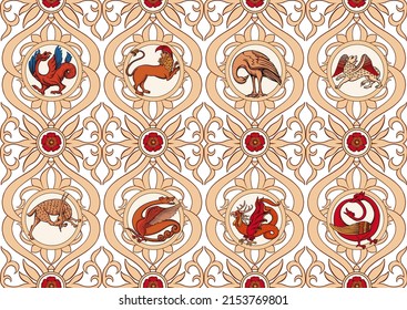 Medieval mythical animals, illuminati manuscript inspiration, romanesque style. Seamless pattern, background. Vector illustration.