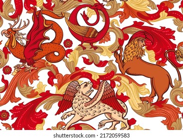 Medieval mythical animals, illuminati manuscript inspiration, romanesque style. Seamless pattern, background. Vector illustration.