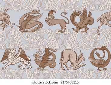 Medieval mythical animals, illuminati manuscript inspiration, romanesque style. Seamless pattern, background. Vector illustration.