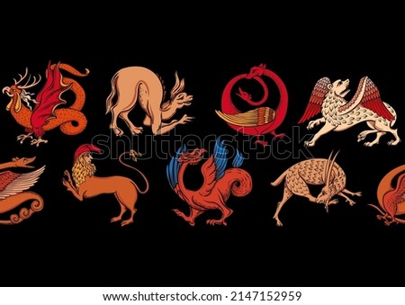 Medieval mythical animals, illuminati manuscript inspiration, romanesque style. Seamless pattern, background. Vector illustration.