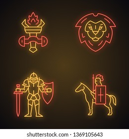 Medieval neon light icons set. Burning torch, Lion head shield, Knight in full armor, Horse knight with flag and lance. Glowing signs. Vector isolated illustrations