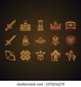 Medieval neon light icons set. Knights and accessories. Middle ages attributes. Kingdom. Glowing signs. Vector isolated illustrations