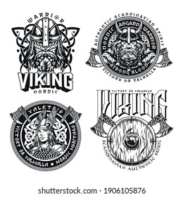Medieval nordic viking emblems set with strong scandinavian warriors heads beautiful valkyrie in winged helmet and armor battle axes shield in vintage monochrome style isolated vector illustration