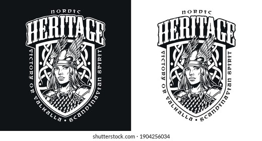 Medieval nordic viking vintage design with inscriptions and pretty valkyrie in winged helmet isolated vector illustration