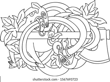 medieval norse tattoo of a dog fighting a serpent