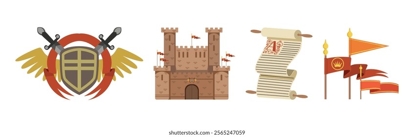 Medieval Object with Castle, Manuscript, Flag and Coat of Arms Vector Set