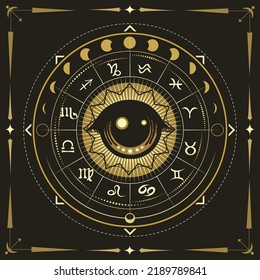 Medieval Occultic Illustration with Symbol of All Seeing Eye Phases of Moon and Zodiac Signs on Black Background. Vector Illustration.