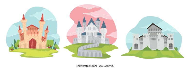 Medieval old architectural exterior of fantasy castle with spires and rooms. Fairytale kingdom or main landmark in city. Historic building of stone or mystery scenic place. Vector in flat style