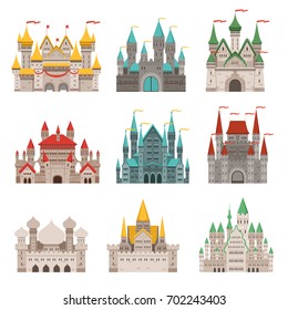Medieval old castles and historical buildings with fairytale roofs. Medieval fairytale tower, castle building architecture collection illustration